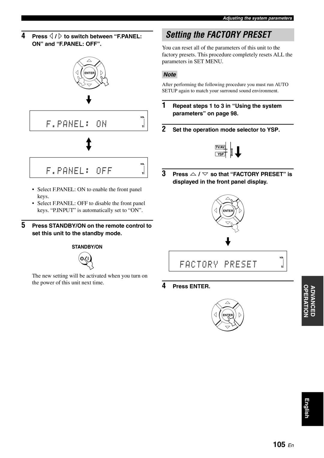 Yamaha YSP-40D owner manual Setting the Factory Preset, 105 En, Press / to switch between F.PANEL on and F.PANEL OFF 