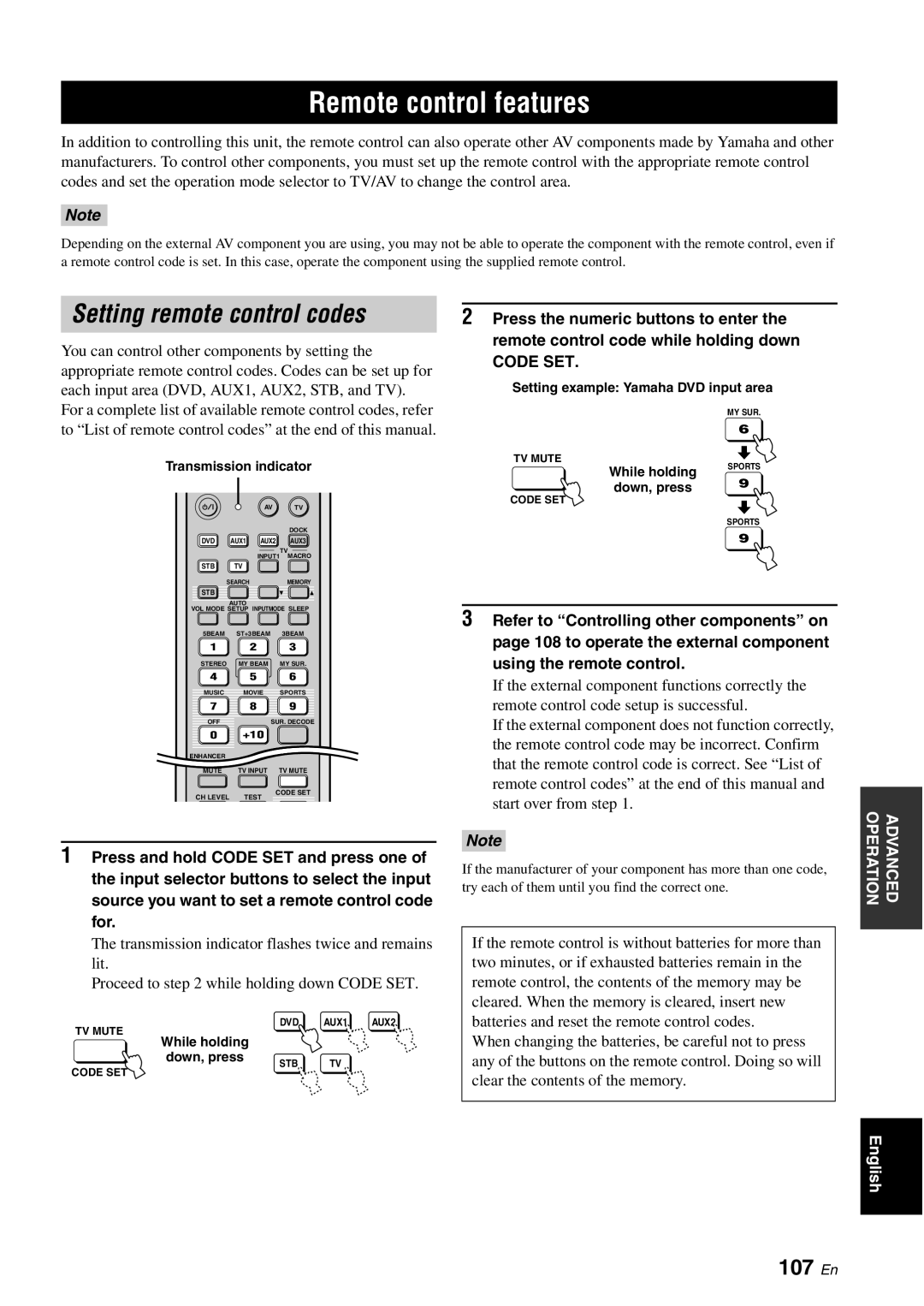 Yamaha YSP-40D owner manual Remote control features, Setting remote control codes, 107 En, Code SET 