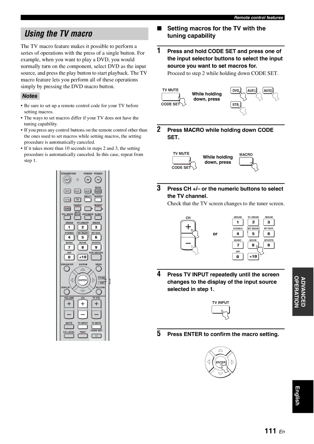 Yamaha YSP-40D owner manual Using the TV macro, 111 En, Setting macros for the TV with the tuning capability 