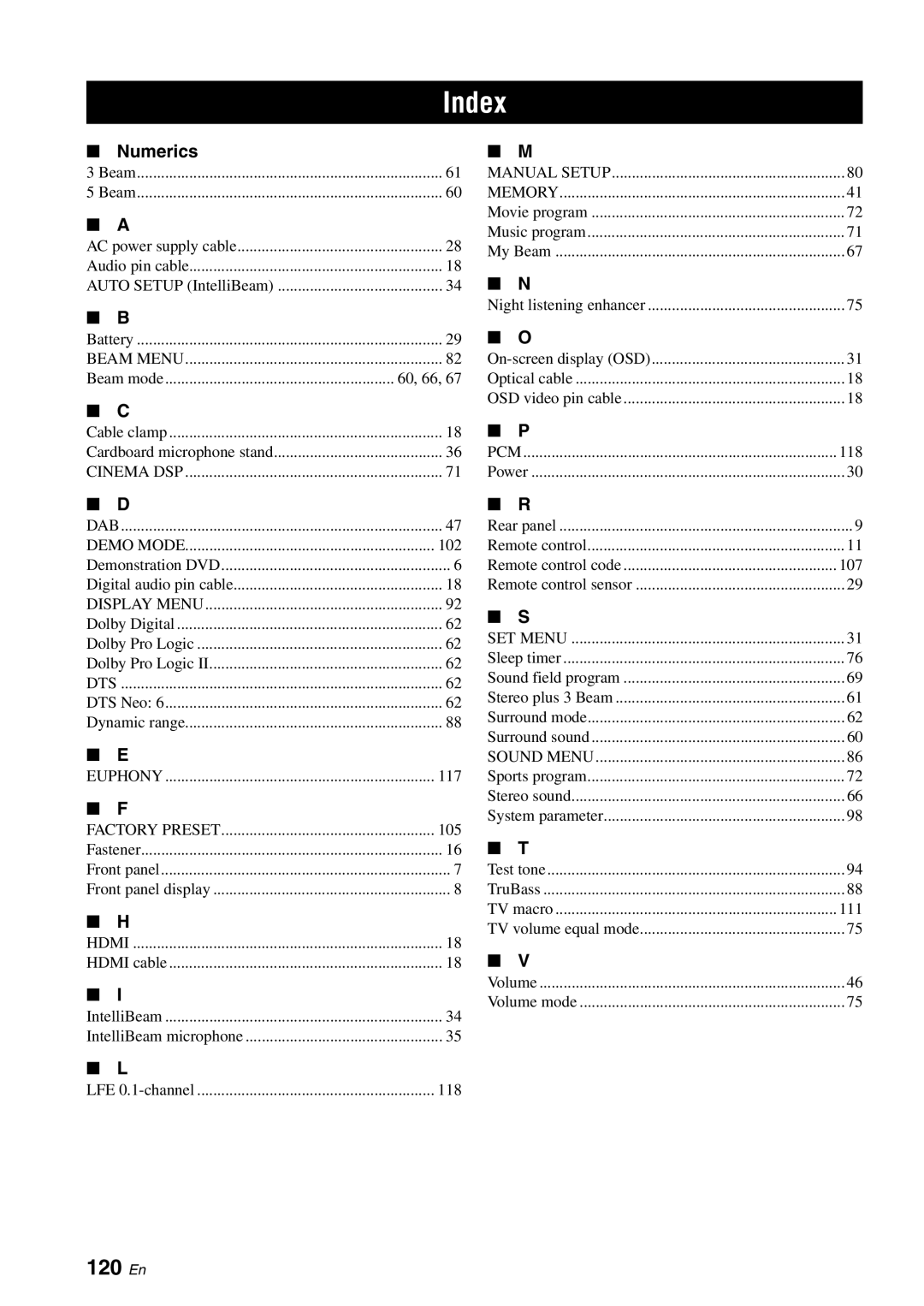 Yamaha YSP-40D owner manual Index, 120 En, Numerics 