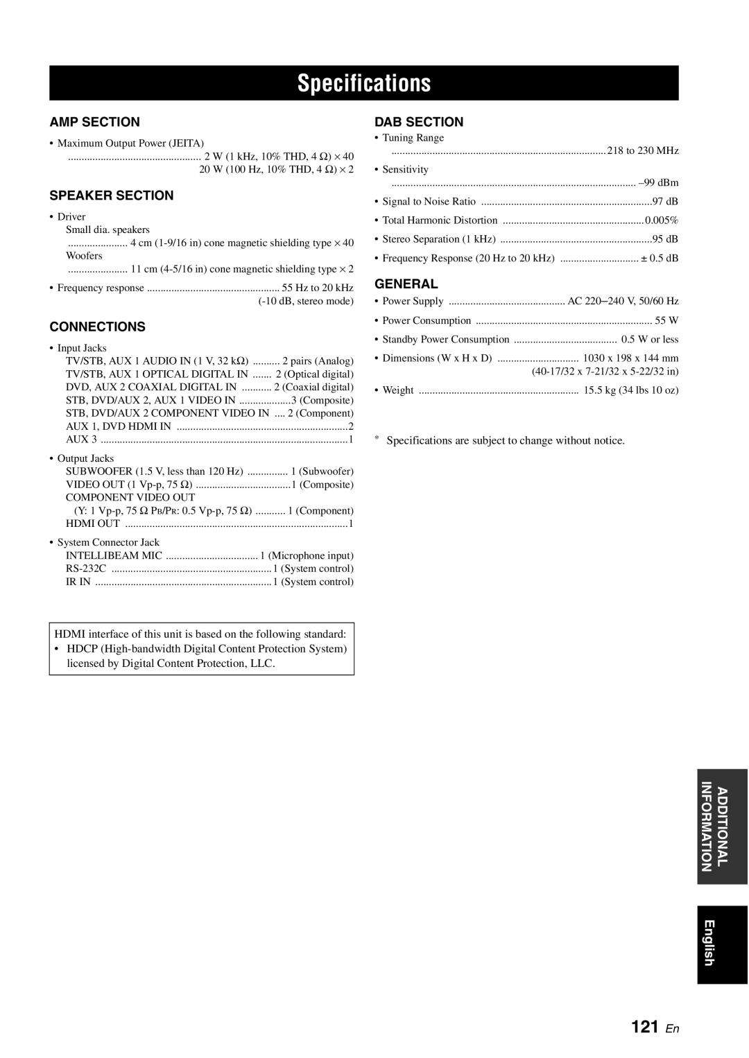 Yamaha YSP-40D owner manual Specifications, 121 En 