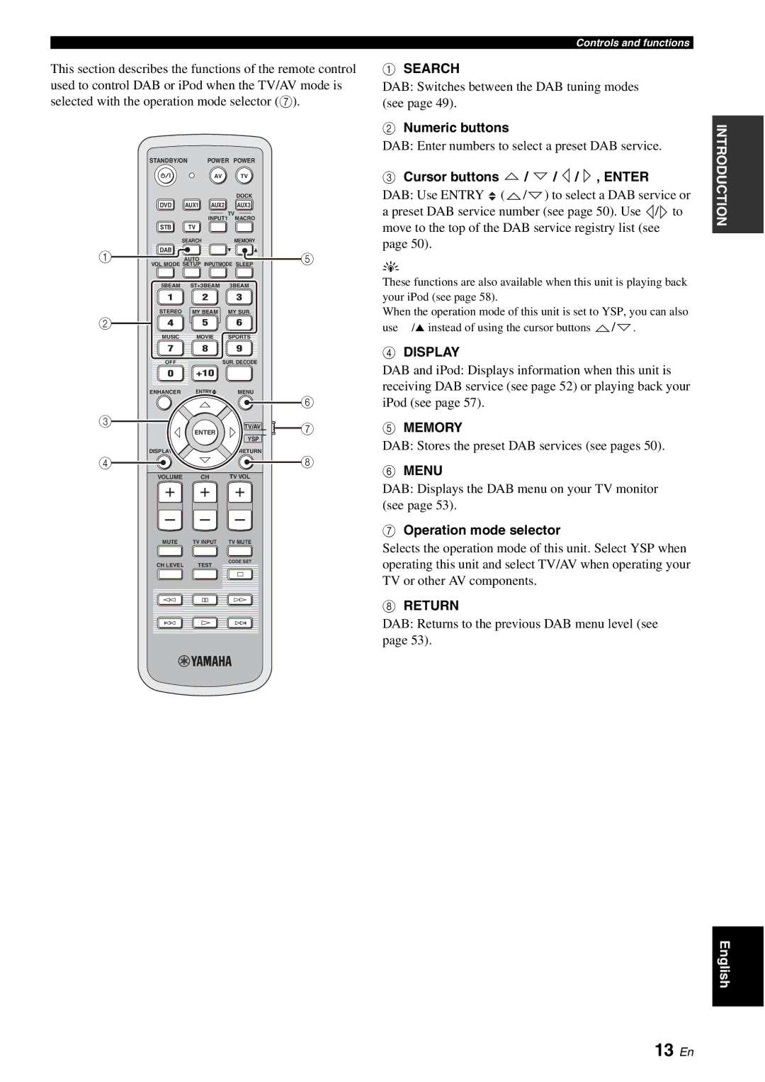 Yamaha YSP-40D owner manual 13 En, Search, Numeric buttons, Memory 