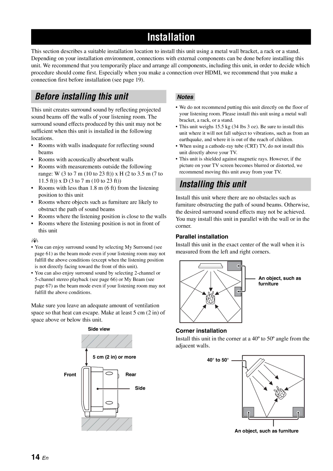 Yamaha YSP-40D owner manual Installation, Before installing this unit, Installing this unit, 14 En 