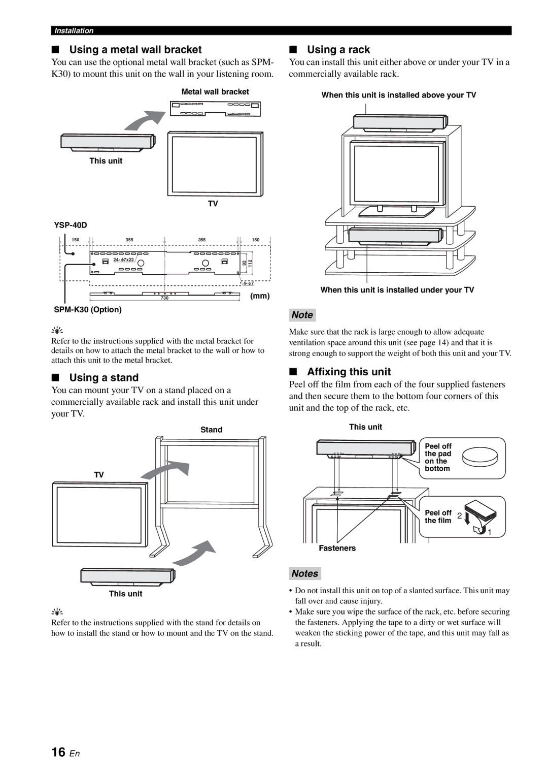 Yamaha YSP-40D owner manual 16 En, Using a metal wall bracket, Using a stand, Using a rack, Affixing this unit 