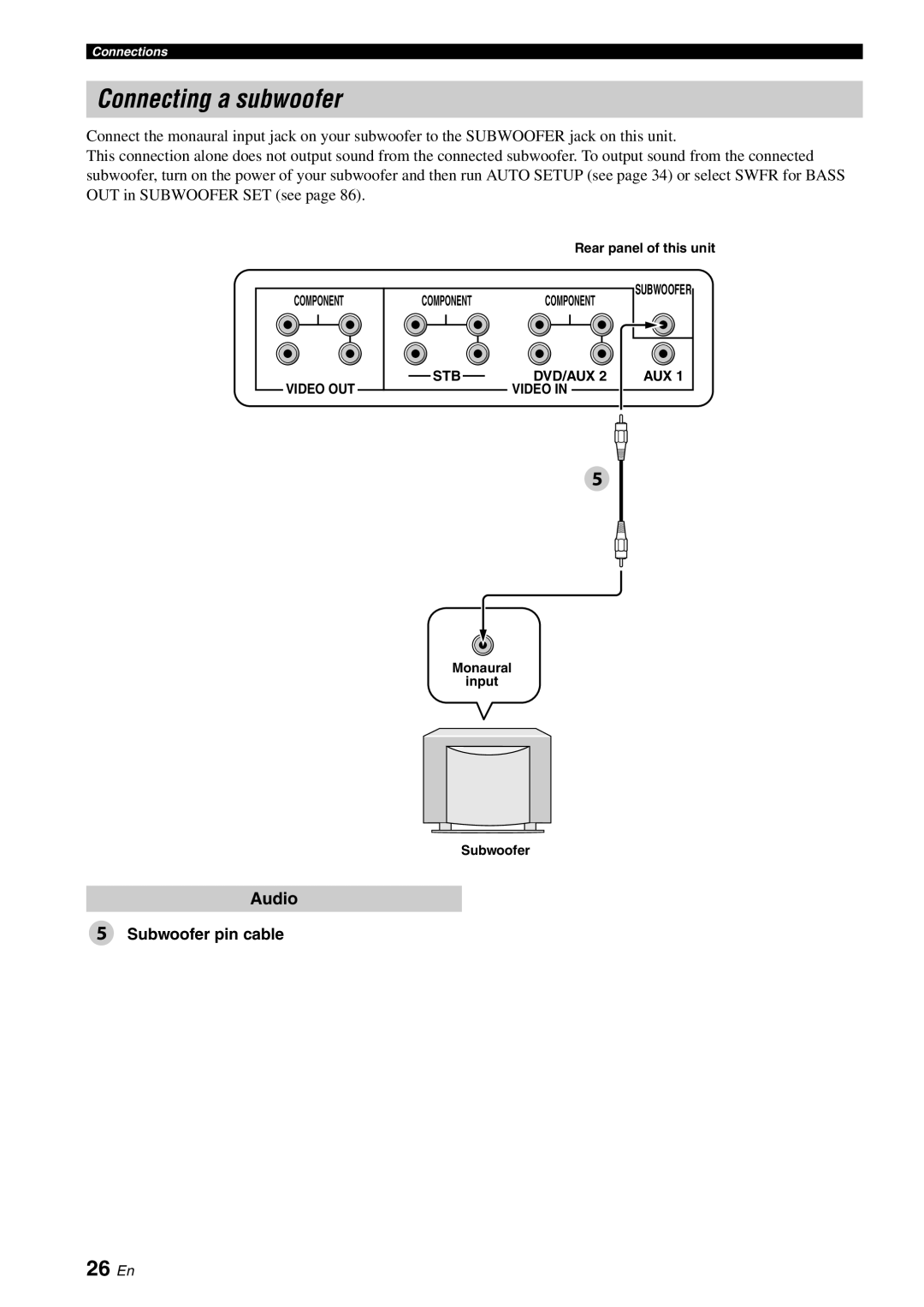 Yamaha YSP-40D owner manual Connecting a subwoofer, 26 En, Monaural Input Subwoofer 