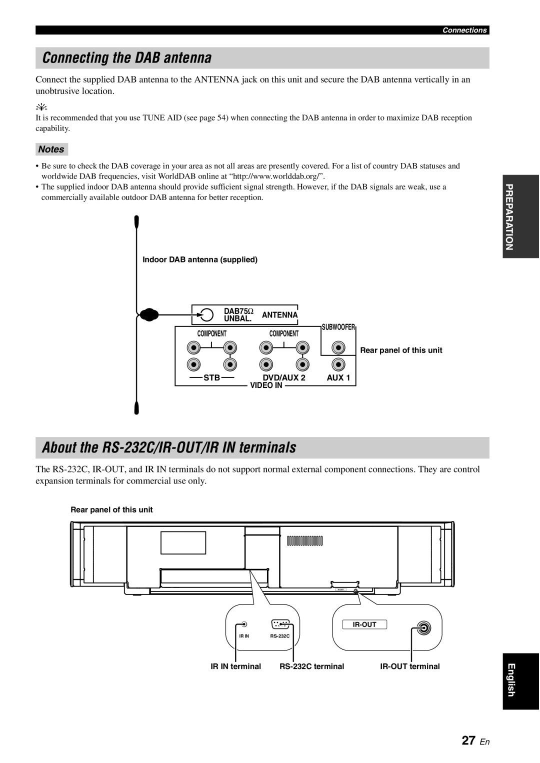 Yamaha YSP-40D Connecting the DAB antenna, About the RS-232C/IR-OUT/IR in terminals, 27 En, Indoor DAB antenna supplied 