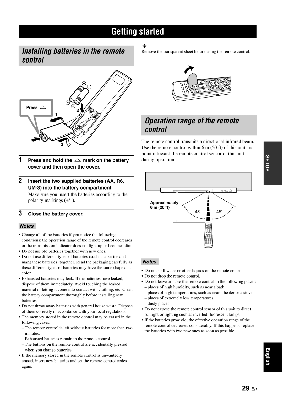 Yamaha YSP-40D Getting started, Installing batteries in the remote control, Operation range of the remote control, 29 En 