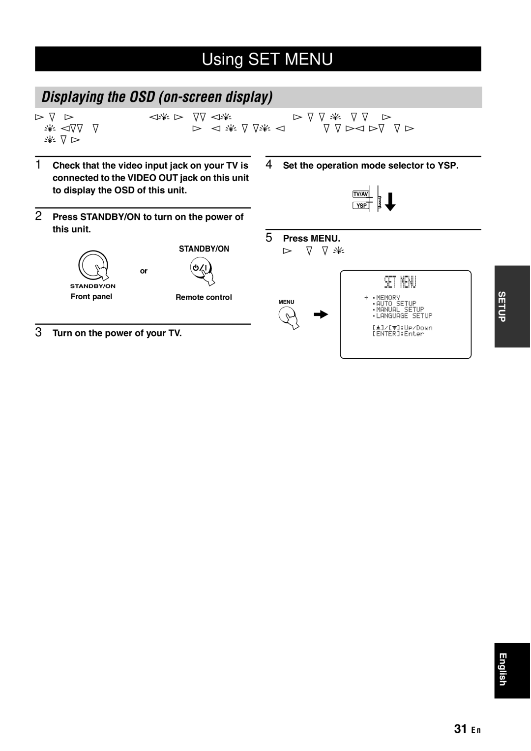 Yamaha YSP-40D owner manual Using SET Menu, Displaying the OSD on-screen display, 31 En, Turn on the power of your TV 