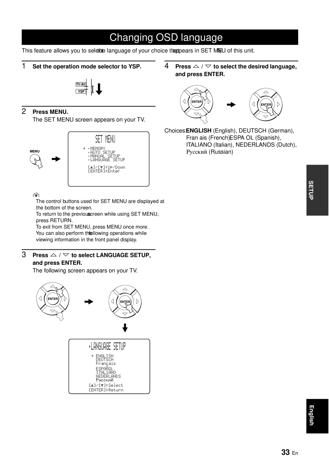 Yamaha YSP-40D owner manual Changing OSD language, Language Setup, 33 En, Press / to select Language SETUP, and press Enter 