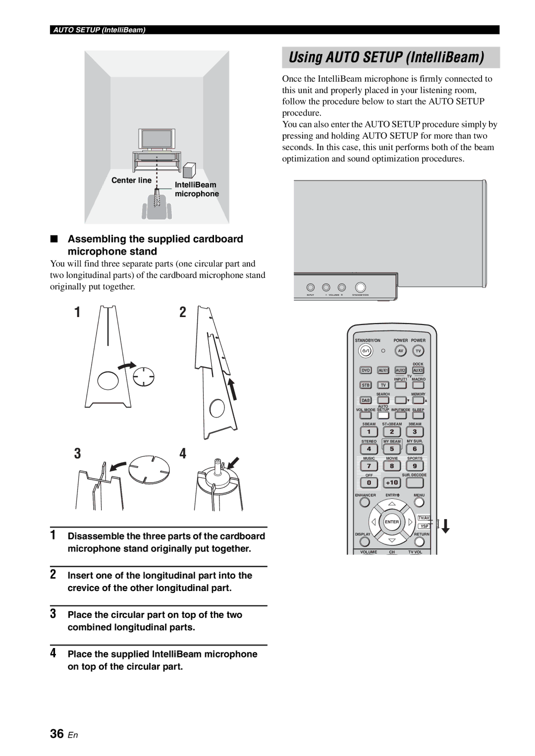 Yamaha YSP-40D Using Auto Setup IntelliBeam, 36 En, Assembling the supplied cardboard Microphone stand, Center line 