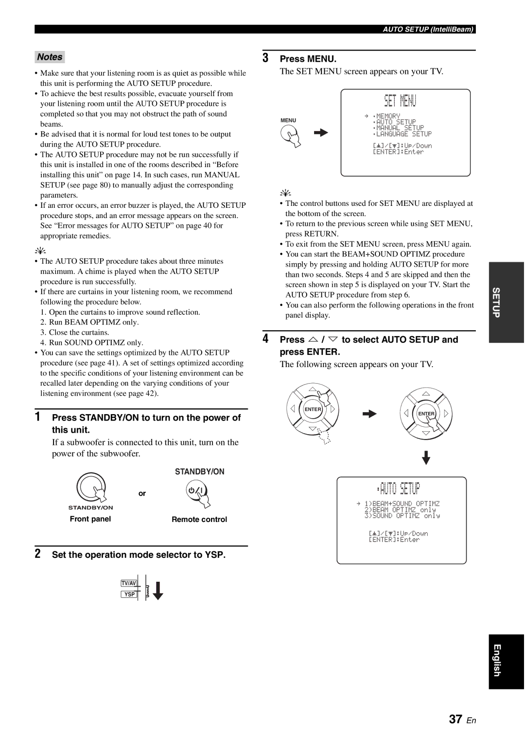 Yamaha YSP-40D owner manual 37 En, Set the operation mode selector to YSP, Press / to select Auto Setup and press Enter 