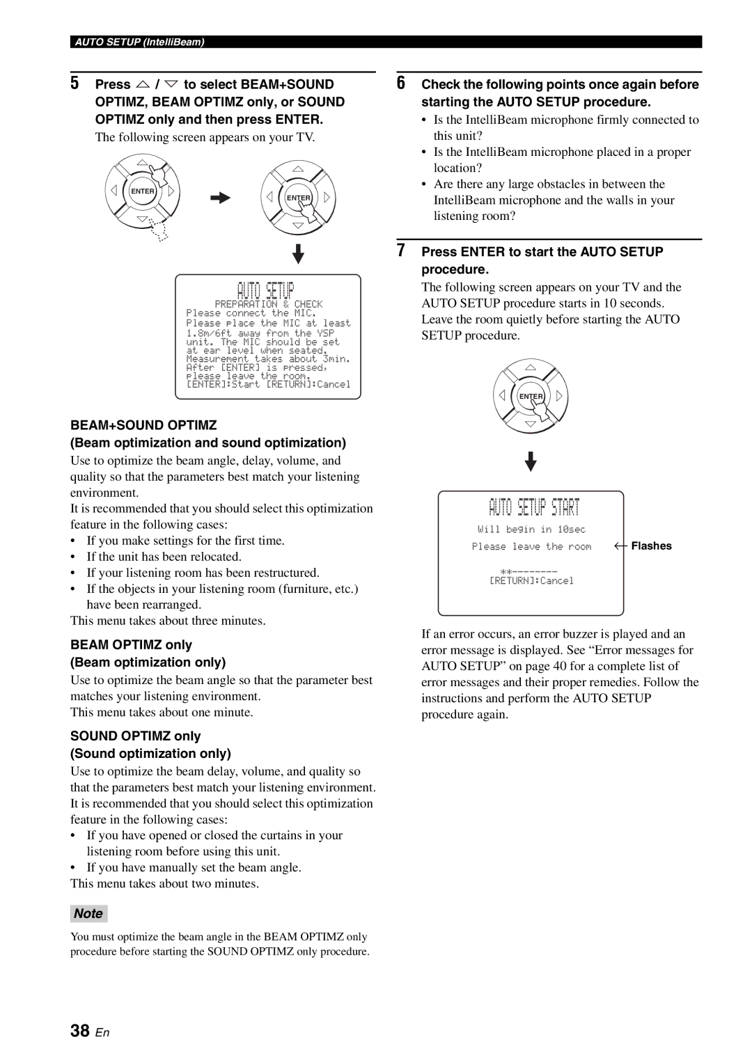 Yamaha YSP-40D owner manual Auto Setup Start, 38 En, BEAM+SOUND Optimz 