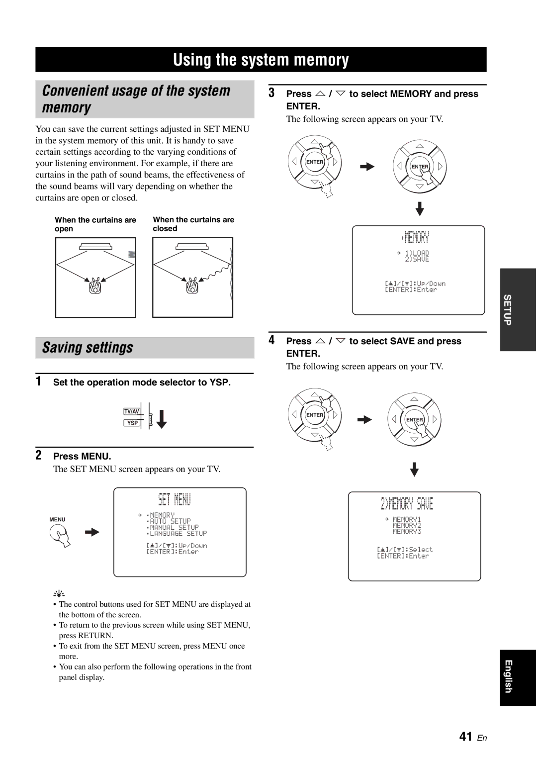 Yamaha YSP-40D owner manual Using the system memory, 2MEMORY Save, Memory, Saving settings, 41 En 