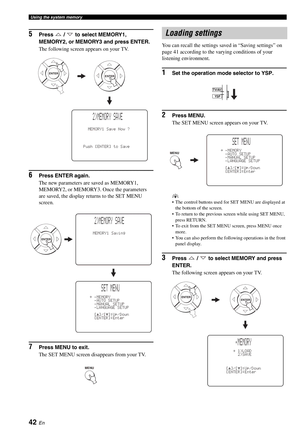 Yamaha YSP-40D Loading settings, 42 En, Press Enter again, Press / to select Memory and press, Press Menu to exit 