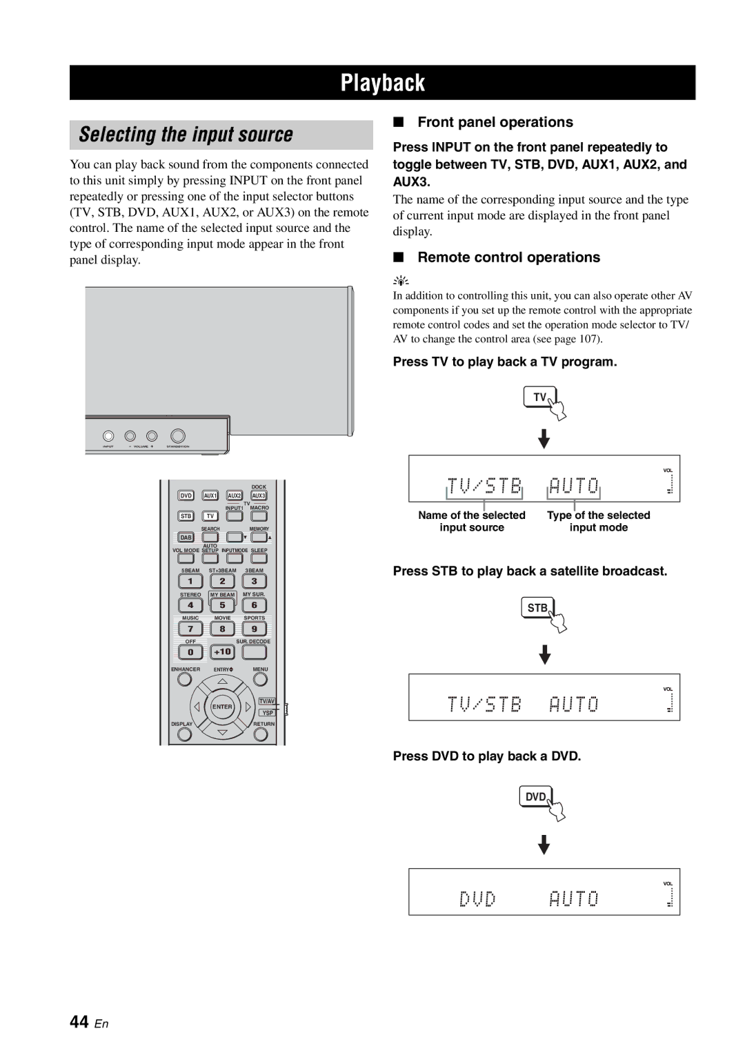 Yamaha YSP-40D owner manual Playback, Selecting the input source, 44 En, Front panel operations, Remote control operations 