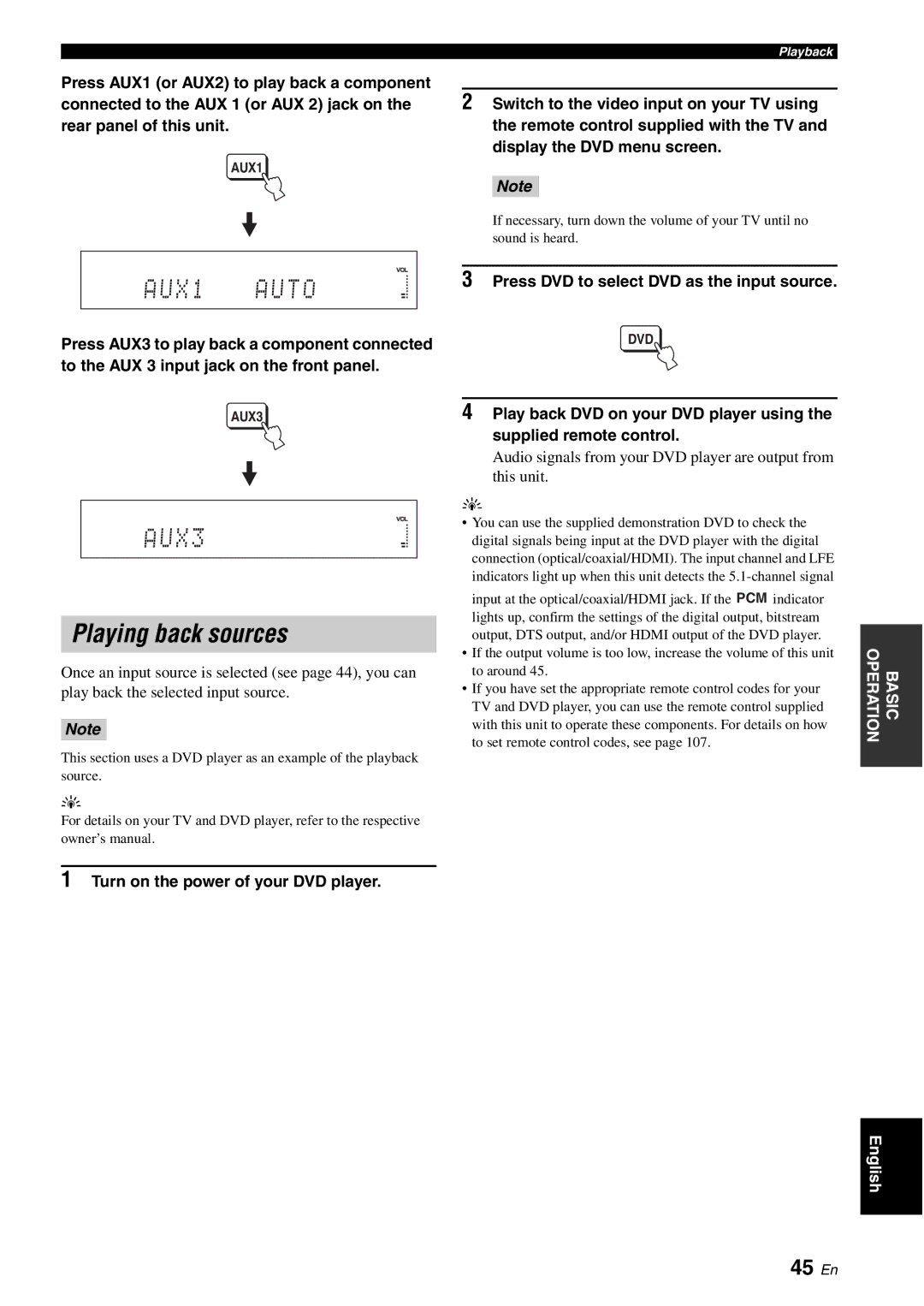 Yamaha YSP-40D owner manual Playing back sources, 45 En, Turn on the power of your DVD player 