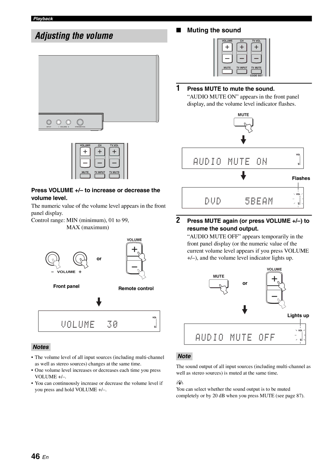 Yamaha YSP-40D owner manual Adjusting the volume, 46 En, Muting the sound, Press Mute to mute the sound 