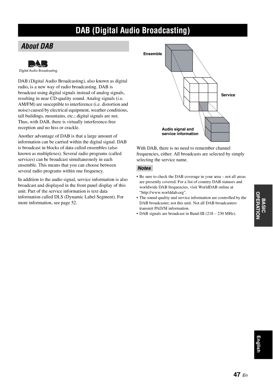 Yamaha YSP-40D DAB Digital Audio Broadcasting, About DAB, 47 En, Ensemble, Service Audio signal and service information 