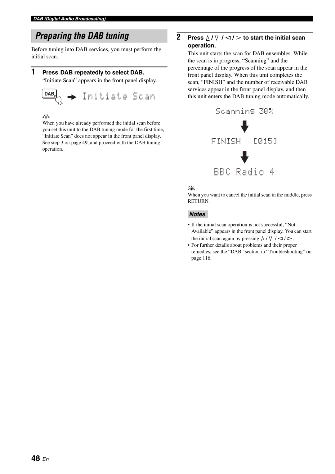 Yamaha YSP-40D owner manual Preparing the DAB tuning, 48 En, Press k / n / l / h to start the initial scan, Operation 