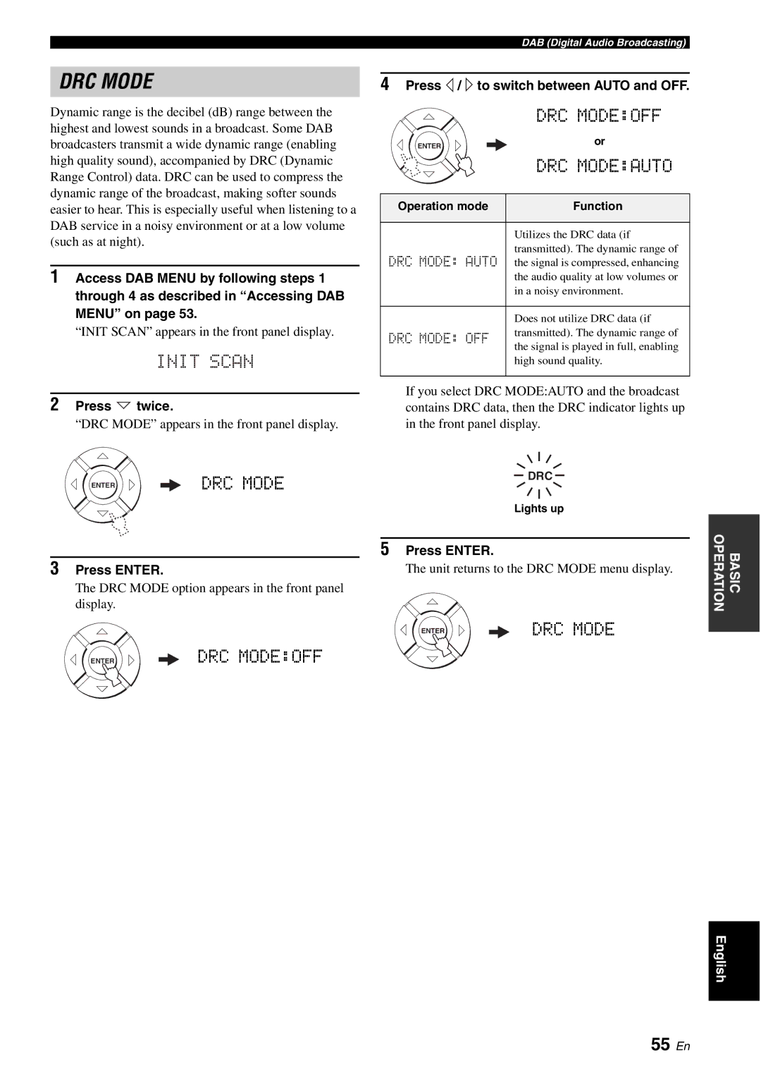 Yamaha YSP-40D owner manual 55 En, Press twice, Press / to switch between Auto and OFF, Function 