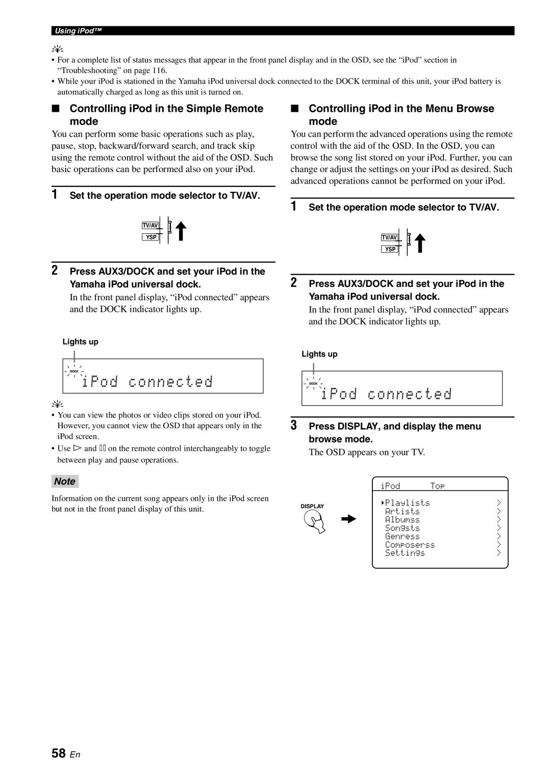 Yamaha YSP-40D owner manual 58 En, Controlling iPod in the Simple Remote Mode, Controlling iPod in the Menu Browse Mode 