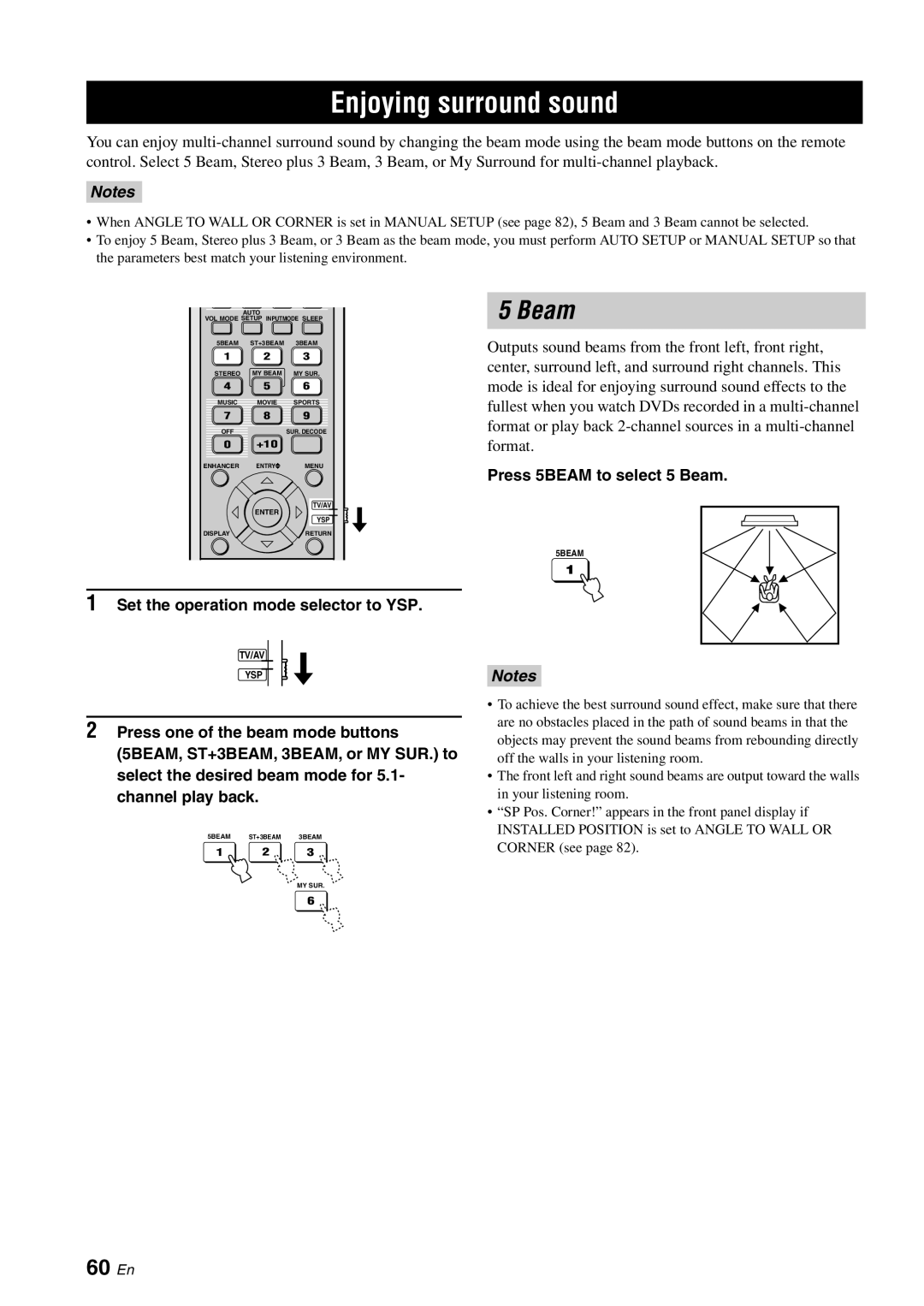 Yamaha YSP-40D owner manual Enjoying surround sound, 60 En, Press 5BEAM to select 5 Beam 