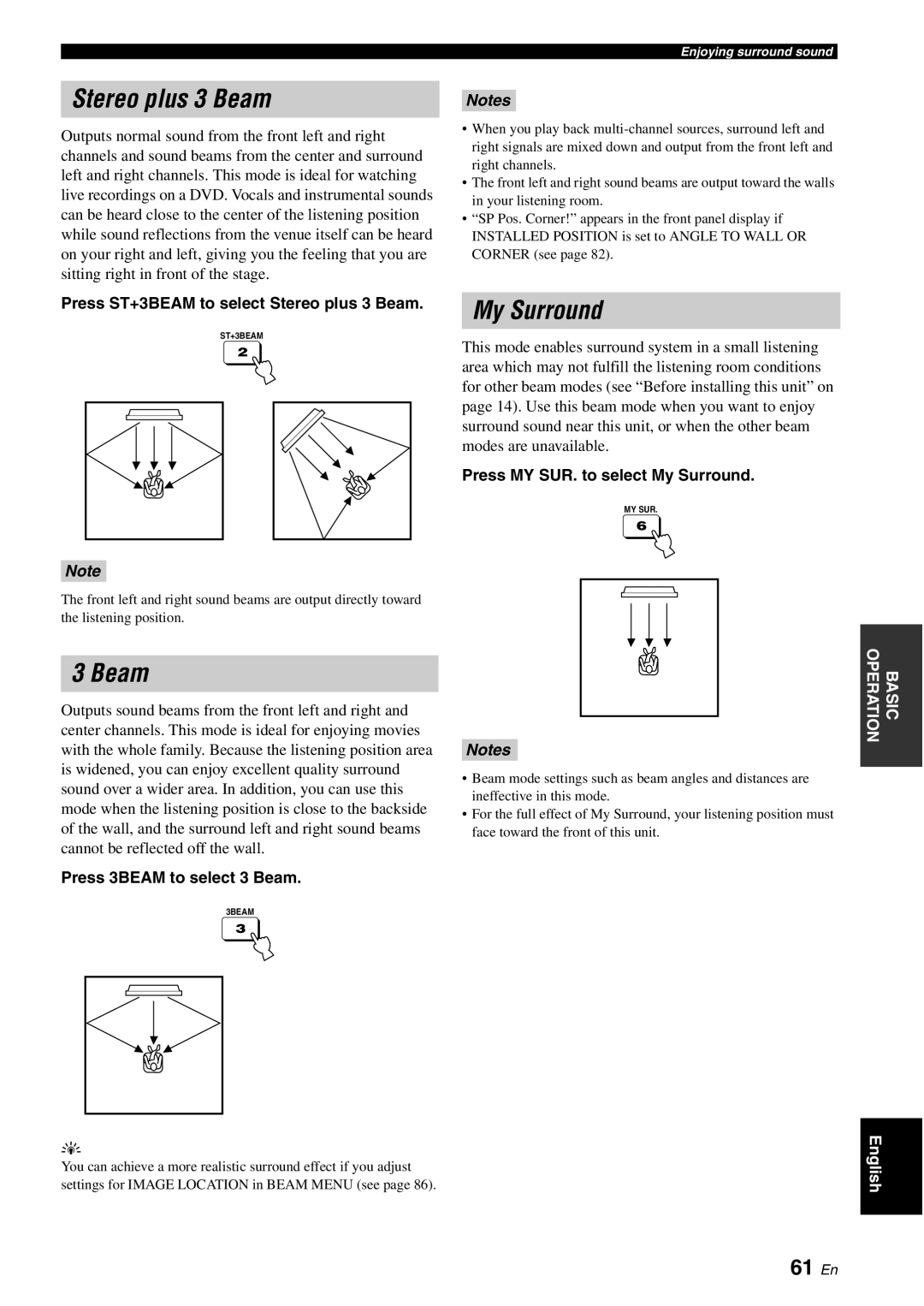 Yamaha YSP-40D owner manual Stereo plus 3 Beam, My Surround, 61 En 