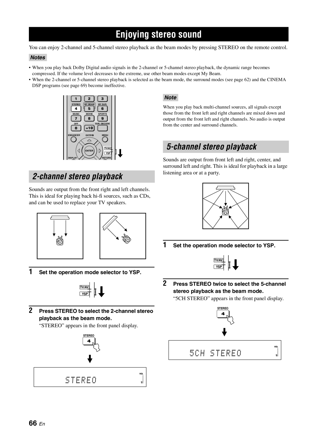 Yamaha YSP-40D owner manual Enjoying stereo sound, Channel stereo playback, 66 En 