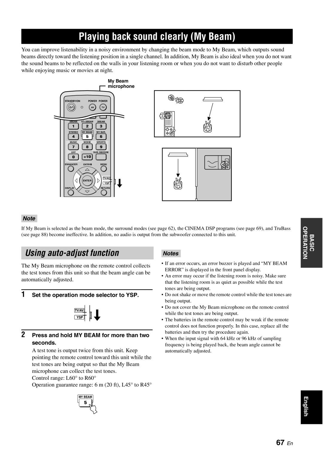 Yamaha YSP-40D owner manual Playing back sound clearly My Beam, Using auto-adjust function, 67 En, My Beam microphone 