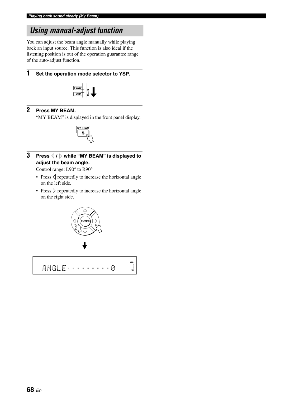 Yamaha YSP-40D owner manual Using manual-adjust function, 68 En, Press MY Beam 