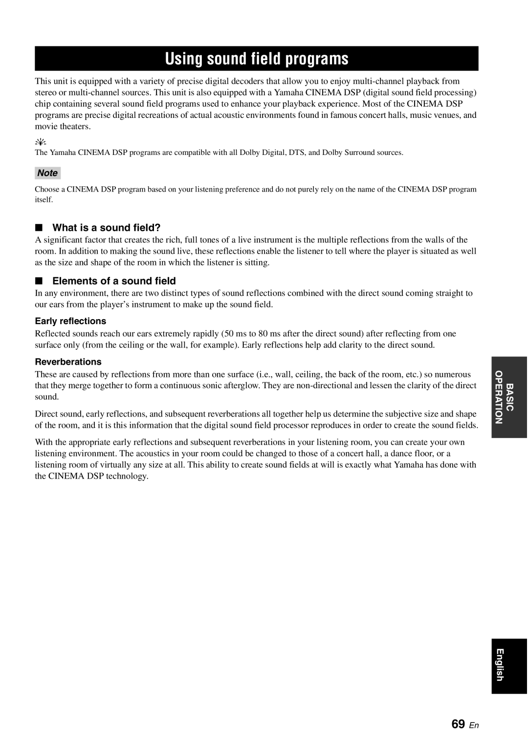 Yamaha YSP-40D owner manual Using sound field programs, 69 En, What is a sound field?, Elements of a sound field 