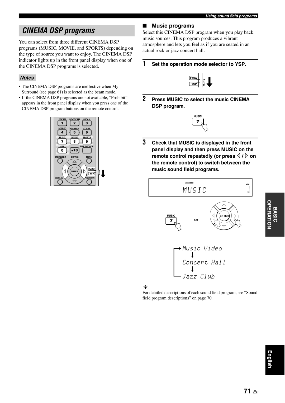 Yamaha YSP-40D owner manual Cinema DSP programs, 71 En, Music programs, Press Music to select the music Cinema DSP program 