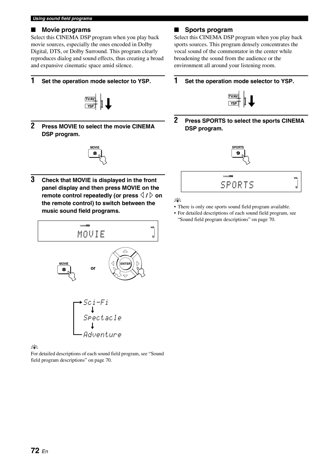 Yamaha YSP-40D owner manual 72 En, Movie programs, Sports program, Press Movie to select the movie Cinema DSP program 