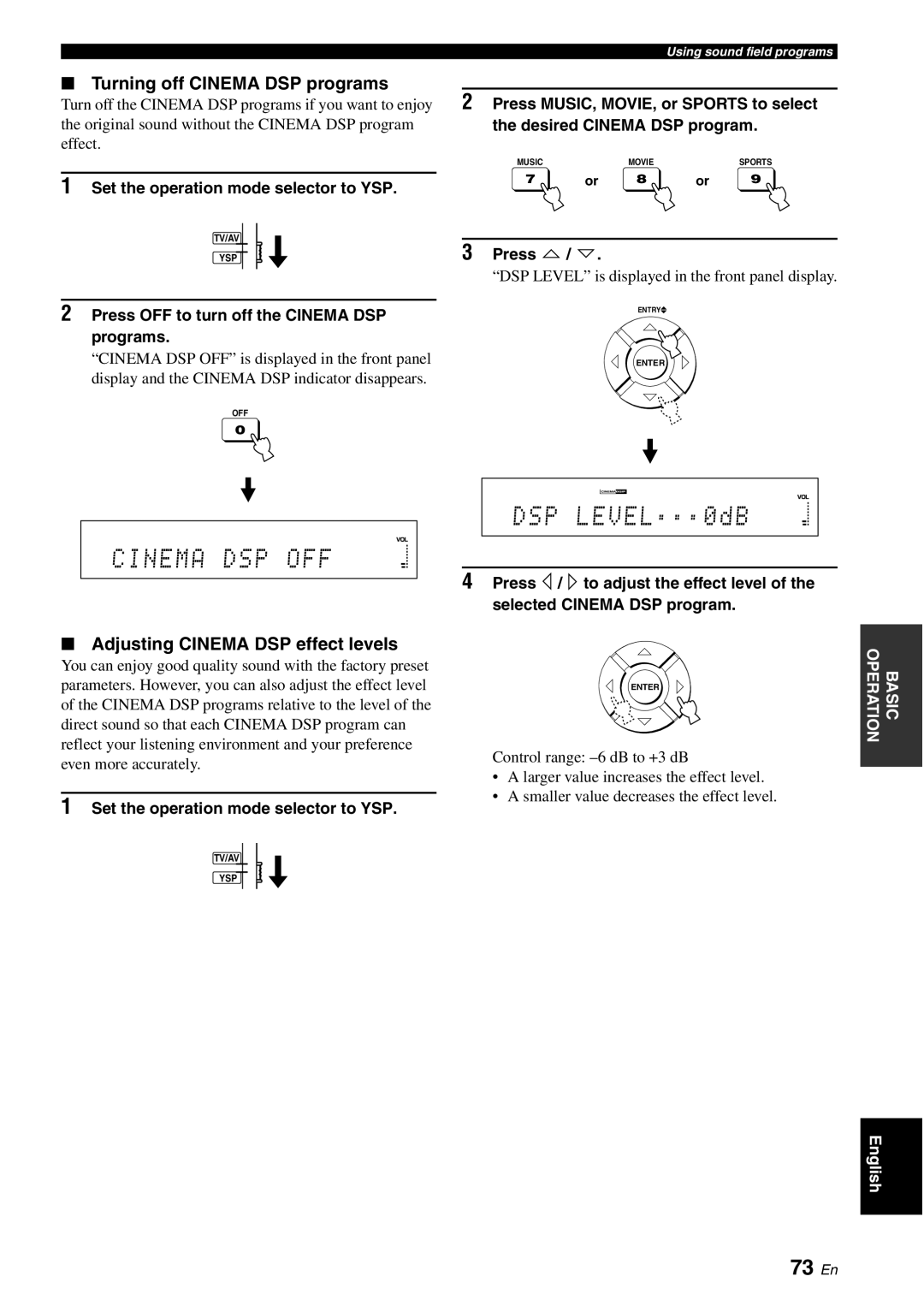 Yamaha YSP-40D owner manual 73 En, Turning off Cinema DSP programs, Adjusting Cinema DSP effect levels 