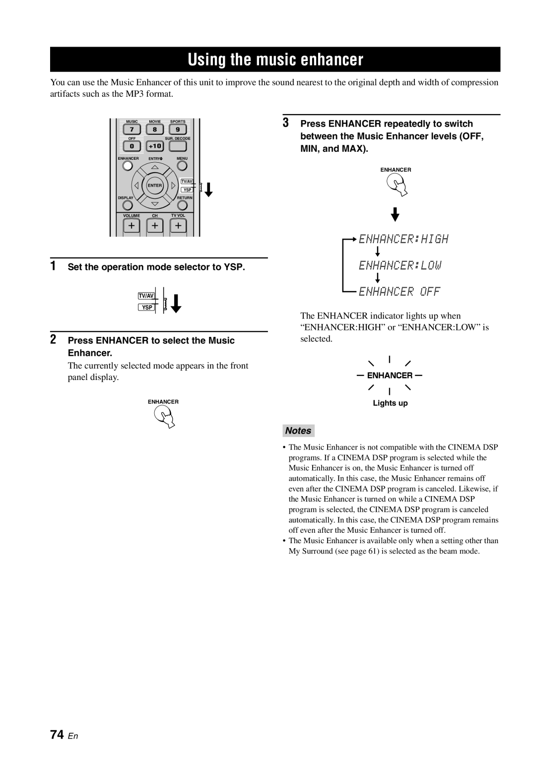 Yamaha YSP-40D owner manual Using the music enhancer, 74 En, Press Enhancer to select the Music Enhancer 