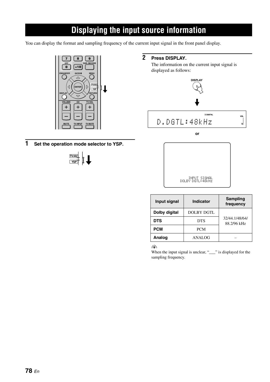 Yamaha YSP-40D Displaying the input source information, 78 En, Press Display, Input signal Indicator Sampling Frequency 