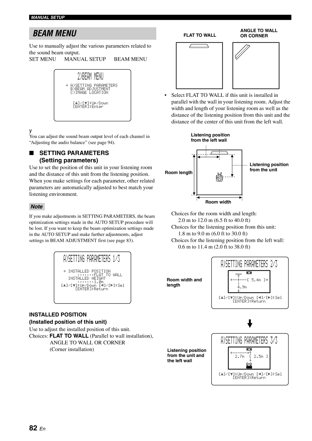 Yamaha YSP-40D owner manual 2BEAM Menu, 82 En, Setting parameters, Installed Position Installed position of this unit 