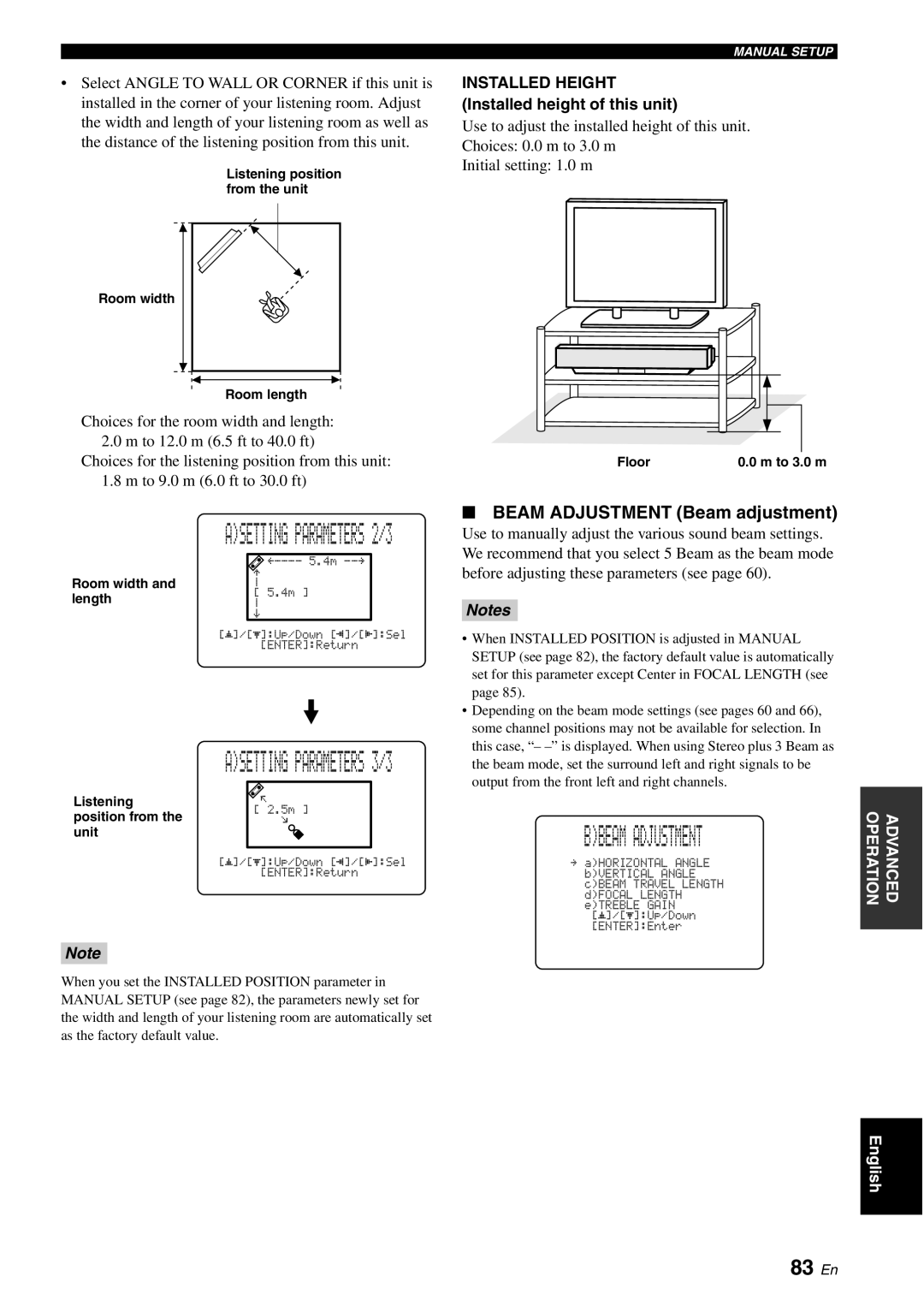 Yamaha YSP-40D owner manual 83 En, Beam Adjustment Beam adjustment, Installed Height Installed height of this unit, Floor 