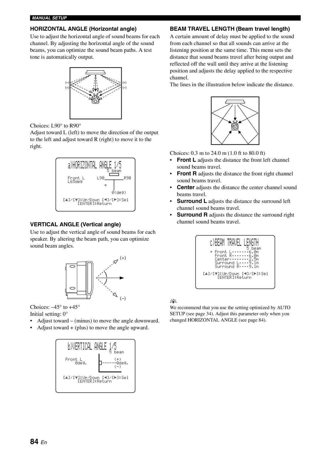 Yamaha YSP-40D owner manual 84 En, Horizontal Angle Horizontal angle, Vertical Angle Vertical angle 