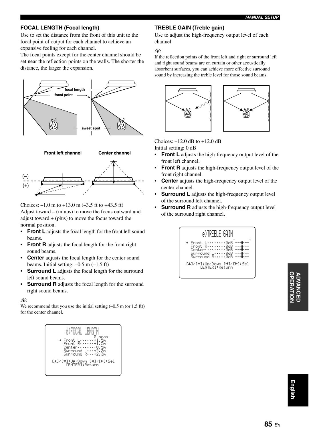 Yamaha YSP-40D owner manual 85 En, Focal Length Focal length, Treble Gain Treble gain, Front left channel 