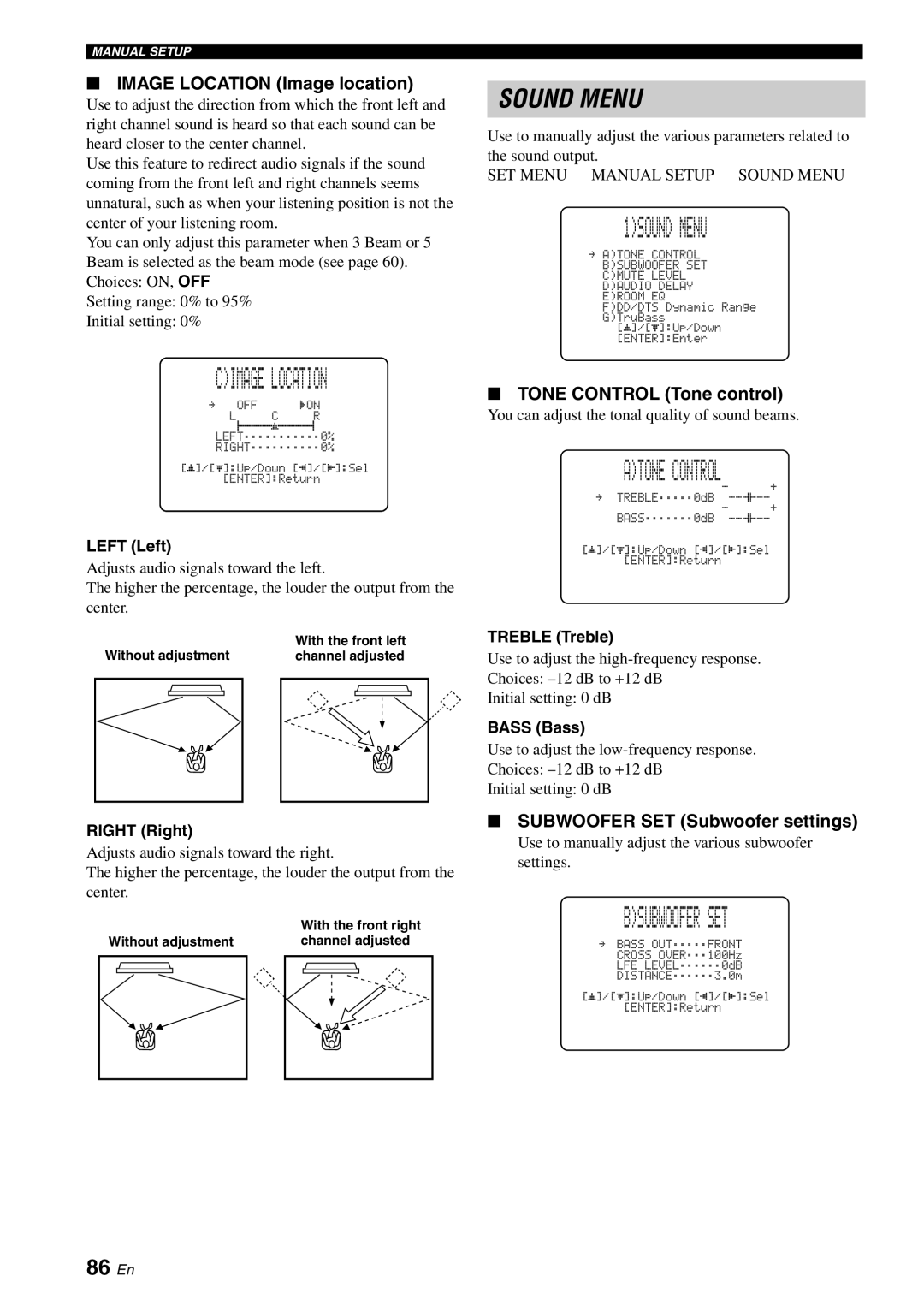 Yamaha YSP-40D owner manual 1SOUND Menu, Cimage Location, Atone Control, Bsubwoofer SET, 86 En 