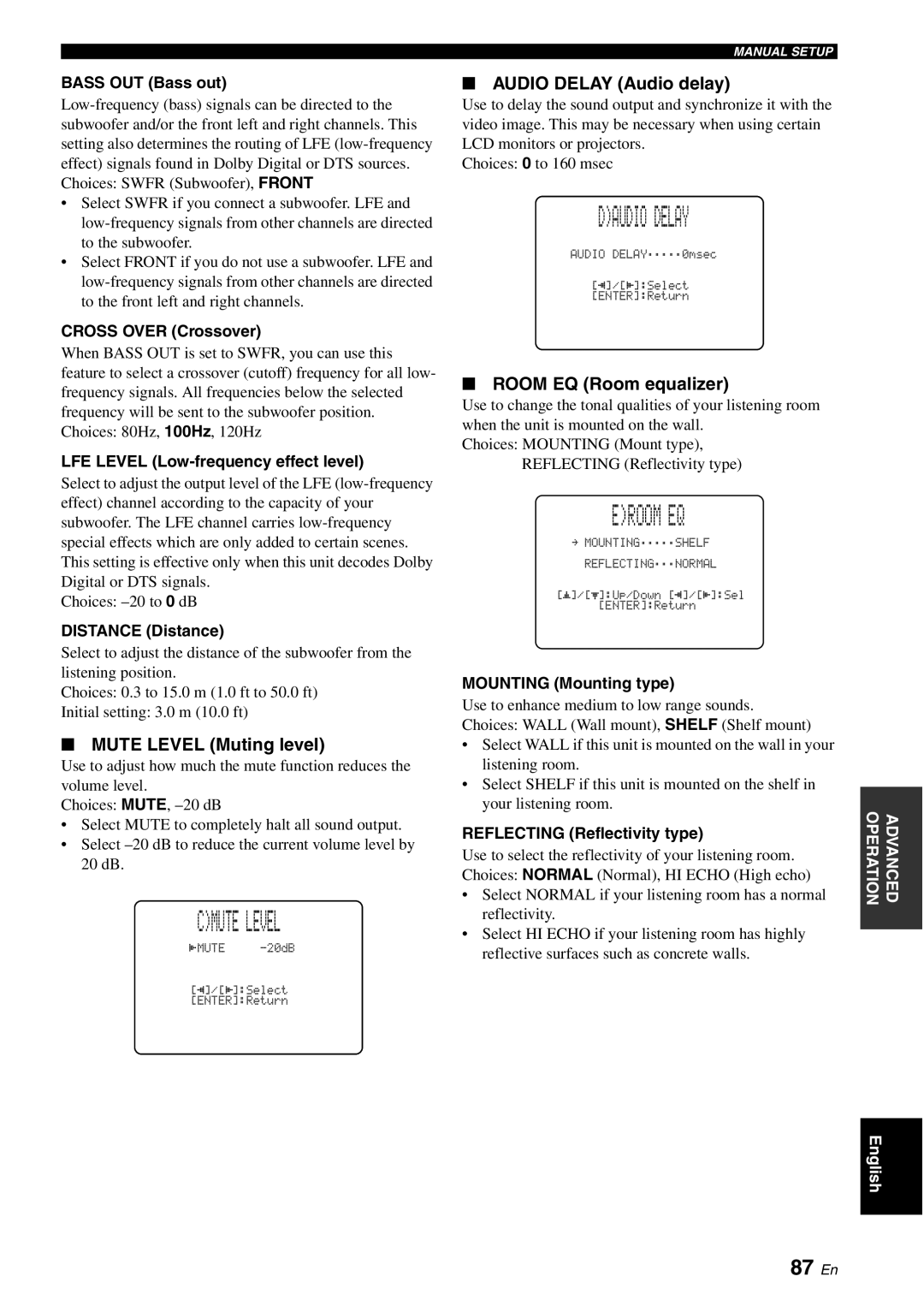 Yamaha YSP-40D owner manual Cmute Level, Daudio Delay, Eroom EQ, 87 En 