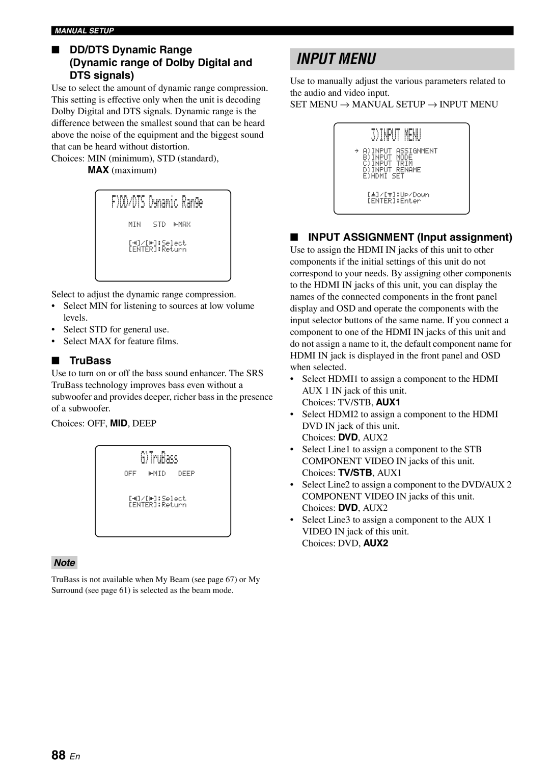 Yamaha YSP-40D owner manual 3INPUT Menu, 88 En, TruBass, Input Assignment Input assignment 