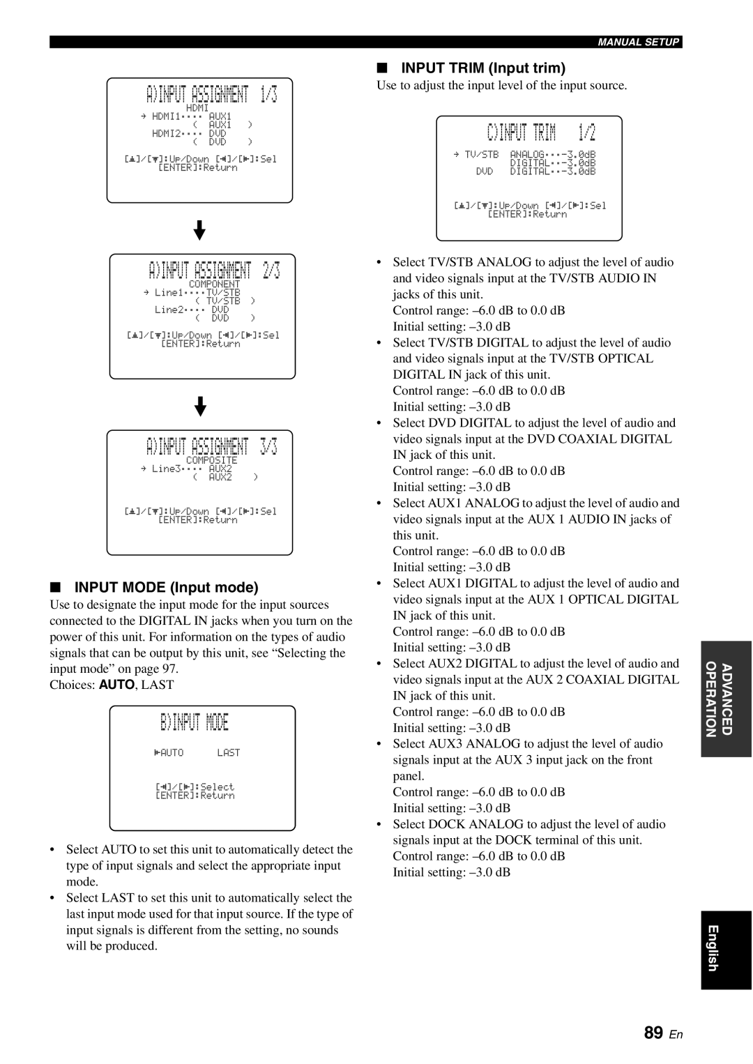 Yamaha YSP-40D owner manual Binput Mode, 89 En, Input Trim Input trim, Input Mode Input mode 