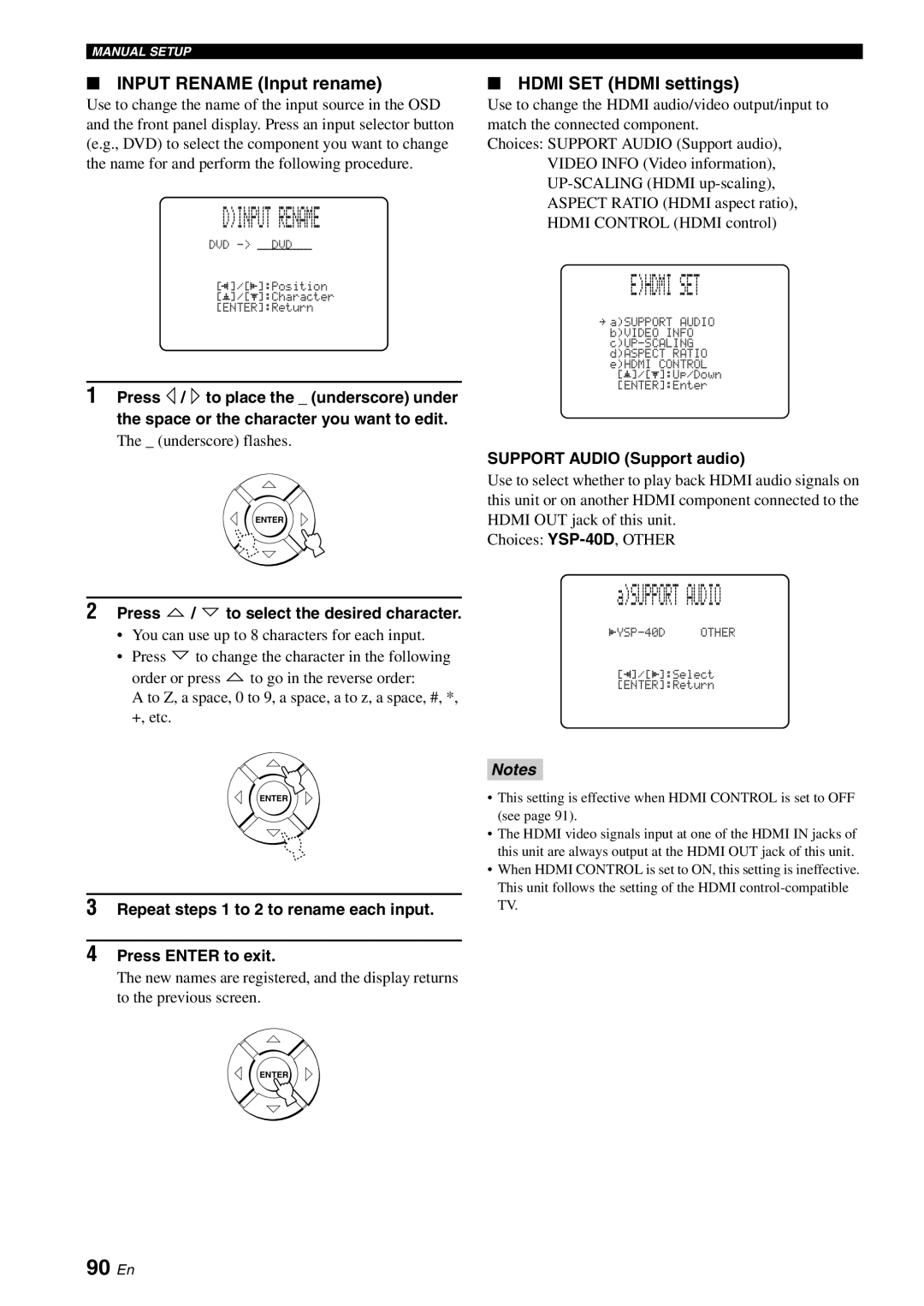 Yamaha YSP-40D owner manual Dinput Rename, Ehdmi SET, 90 En, Input Rename Input rename, Hdmi SET Hdmi settings 