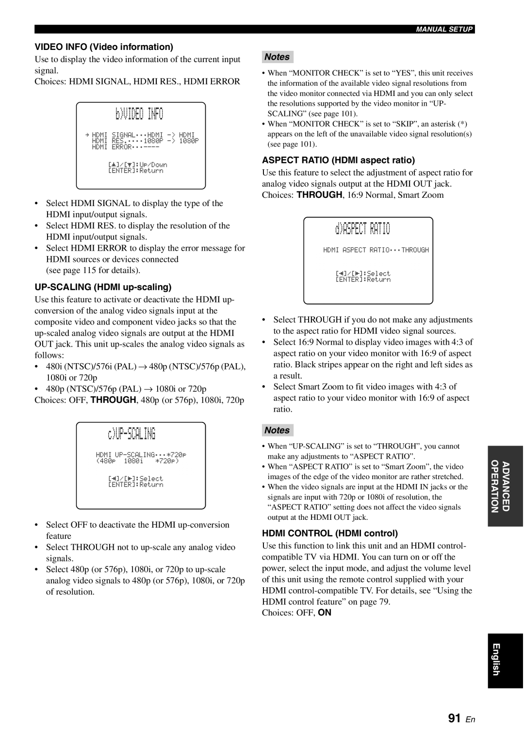 Yamaha YSP-40D owner manual 91 En, Video Info Video information, UP-SCALING Hdmi up-scaling, Aspect Ratio Hdmi aspect ratio 