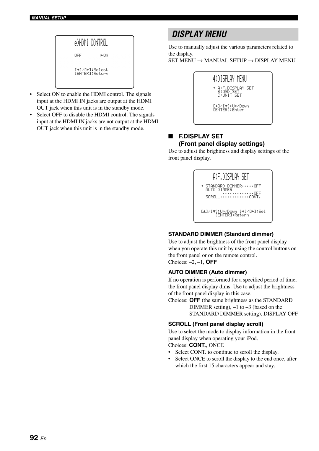 Yamaha YSP-40D owner manual 4DISPLAY Menu, Af.Display Set, 92 En, Front panel display settings 