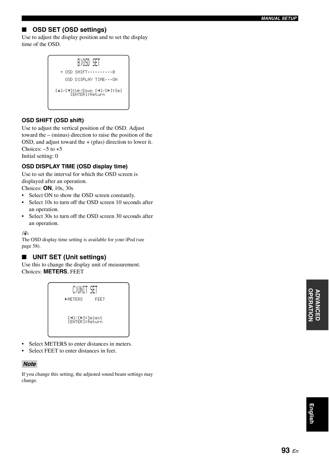 Yamaha YSP-40D owner manual Bosd SET, Cunit SET, 93 En, OSD SET OSD settings, Unit SET Unit settings 