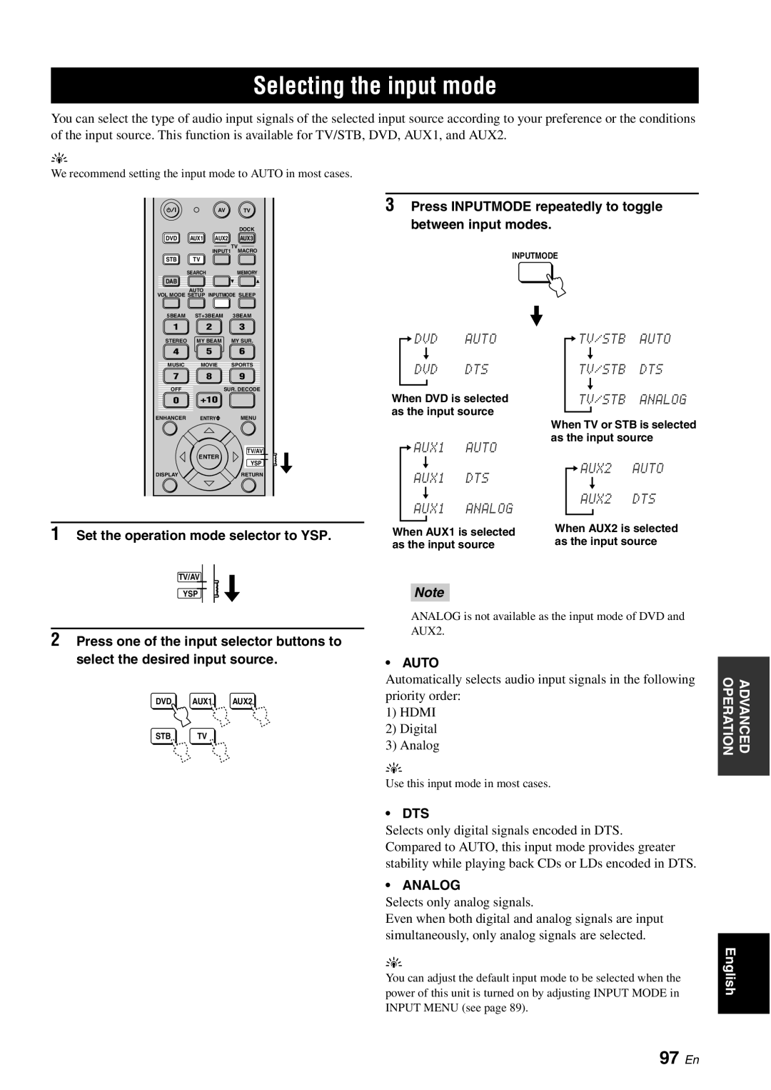 Yamaha YSP-40D owner manual Selecting the input mode, 97 En, Auto, Dts, Analog 