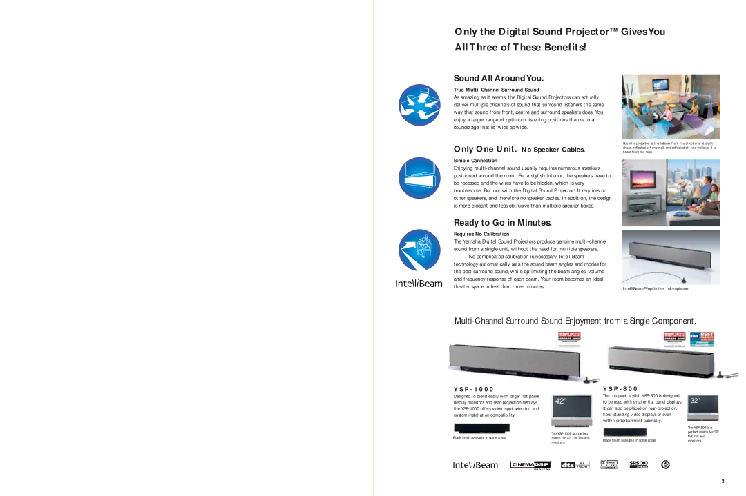 Yamaha YSP-800 specifications P 1 0 0, P 8 0, True Multi-Channel Surround Sound, Simple Connection, Requires No Calibration 